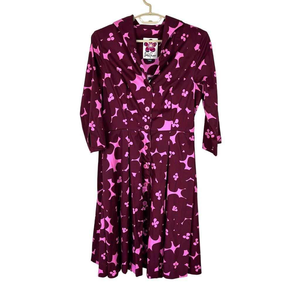 Lesley Evers Grace Dress in Magenta Blooms Cotton Large Fit Flare 3/4 sleeve